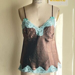 NEW Gold Hawk 100% Silk Camisole Mocha / Aqua Polka Dot  SZ-M
